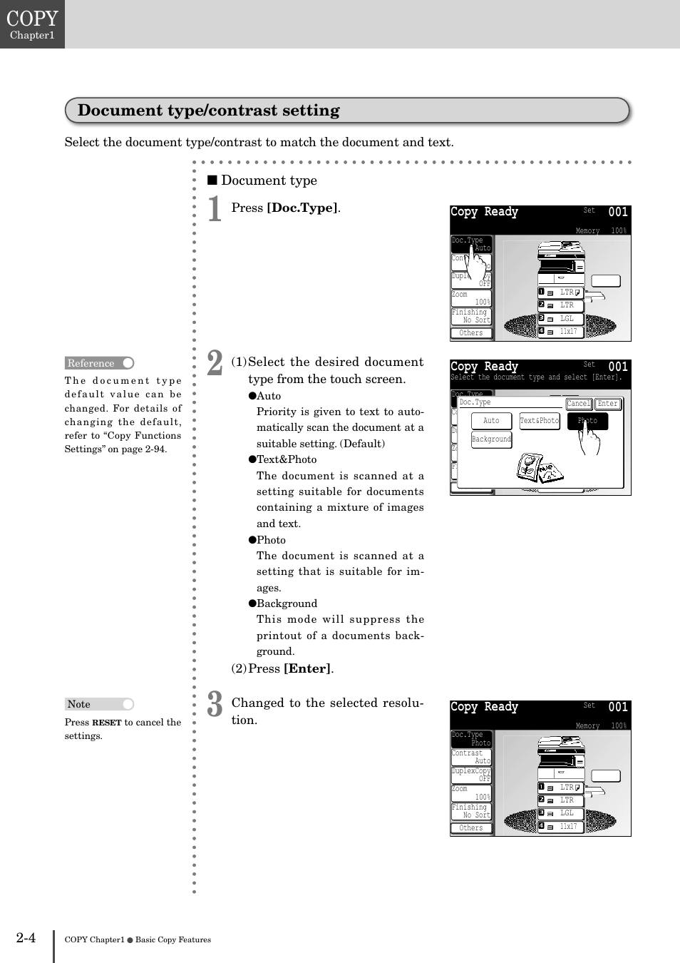 Contrast setting -4, Copy, Document type/contrast setting | Copy ready 001, Copy ready, Document type | Muratec MFX-2830 User Manual | Page 84 / 471