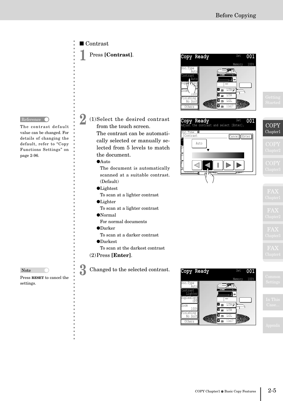 Copy ready 001, Copy ready, Copy | 5 before copying ■ contrast | Muratec MFX-2830 User Manual | Page 85 / 471