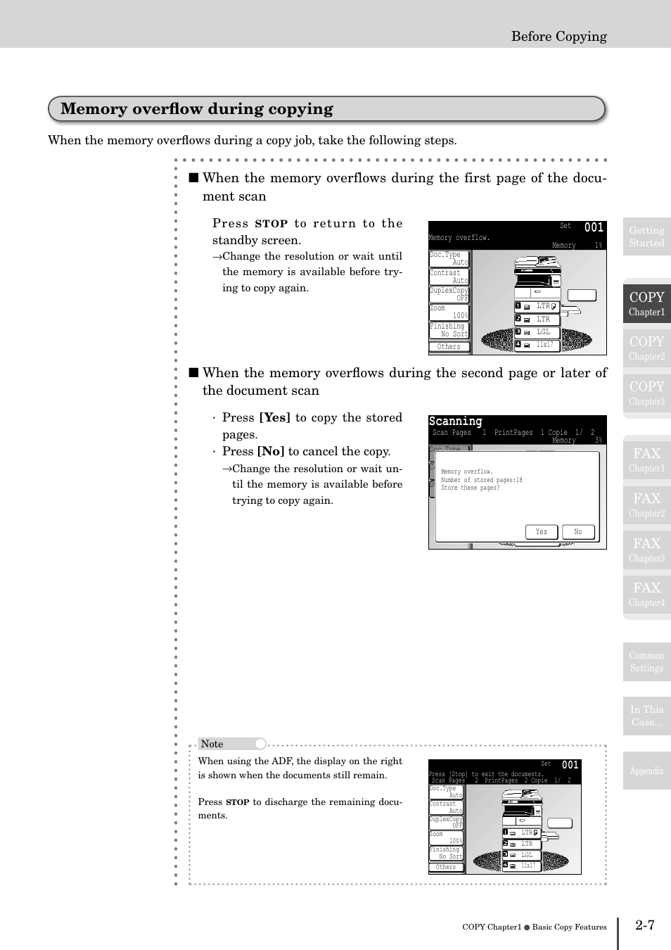 Memory overﬂow during copying -7, Scanning, Copy | 7 before copying | Muratec MFX-2830 User Manual | Page 87 / 471