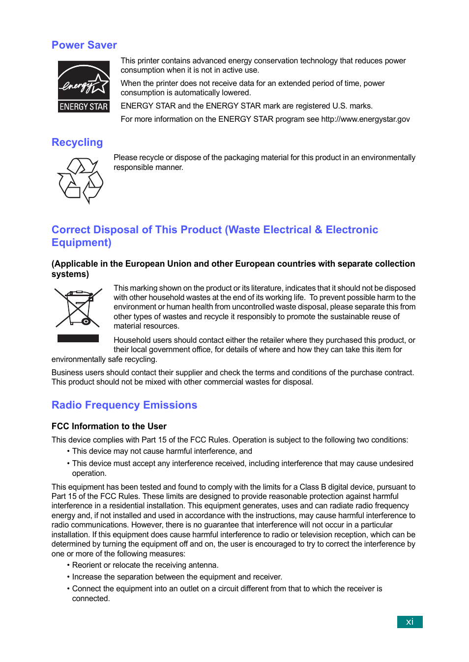 Power saver, Recycling, Radio frequency emissions | Muratec F-114 Series User Manual | Page 10 / 211
