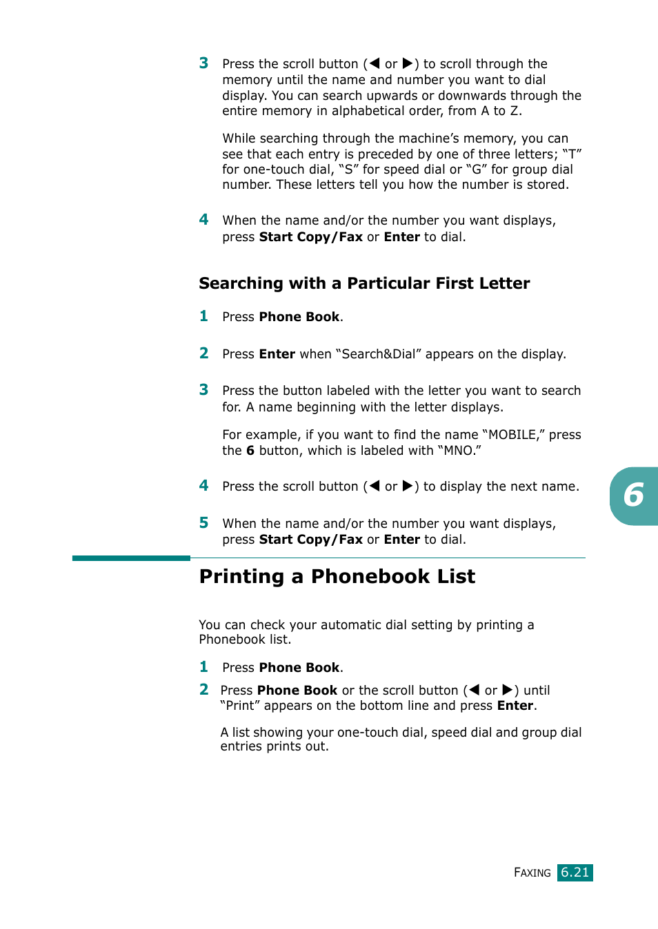 Searching with a particular first letter, Printing a phonebook list | Muratec F-114 Series User Manual | Page 122 / 211