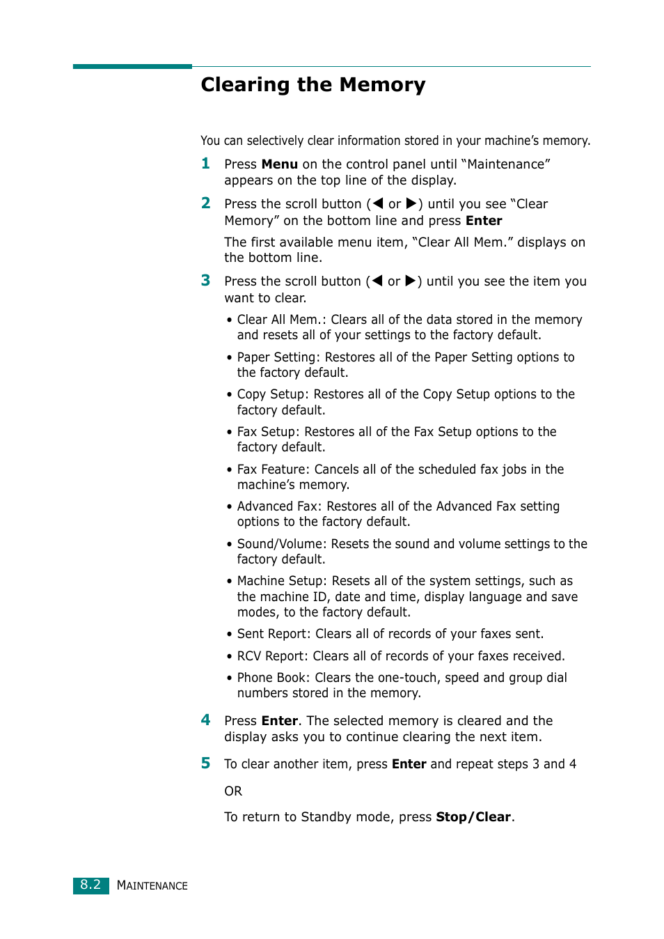 Clearing the memory | Muratec F-114 Series User Manual | Page 159 / 211