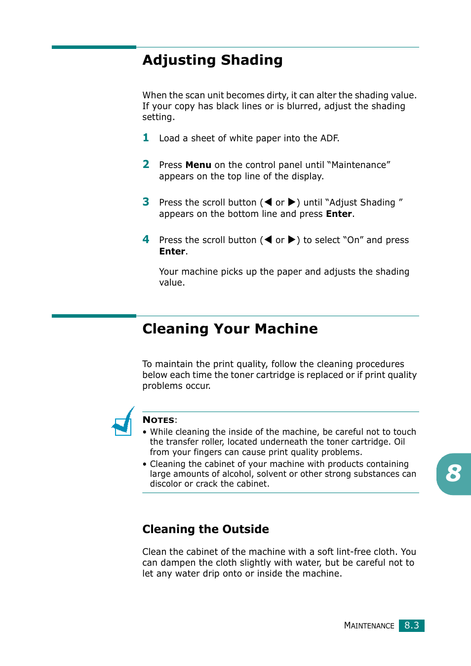 Adjusting shading, Cleaning your machine, Cleaning the outside | Adjusting shading cleaning your machine | Muratec F-114 Series User Manual | Page 160 / 211