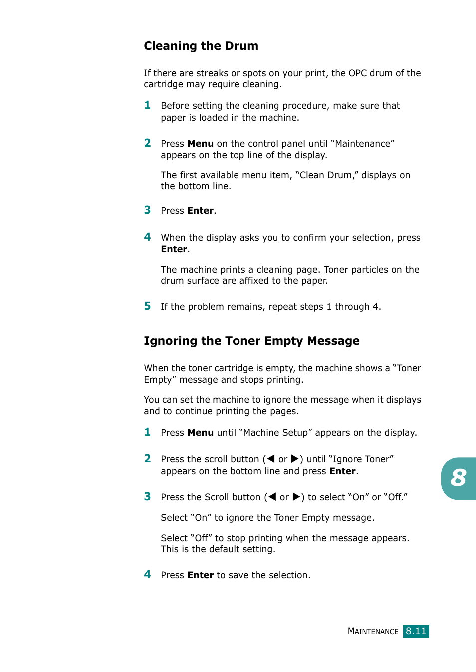 Cleaning the drum, Ignoring the toner empty message | Muratec F-114 Series User Manual | Page 168 / 211
