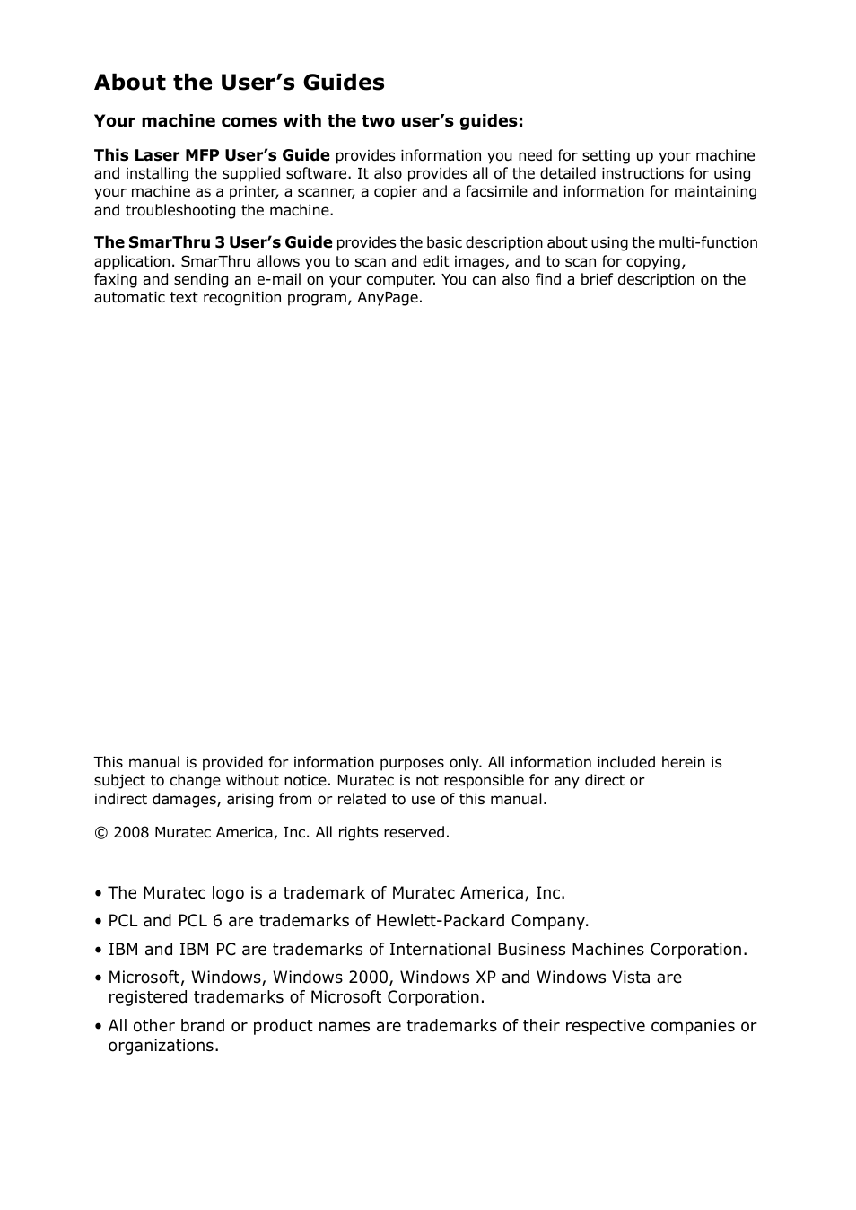 About the user’s guides | Muratec F-114 Series User Manual | Page 2 / 211