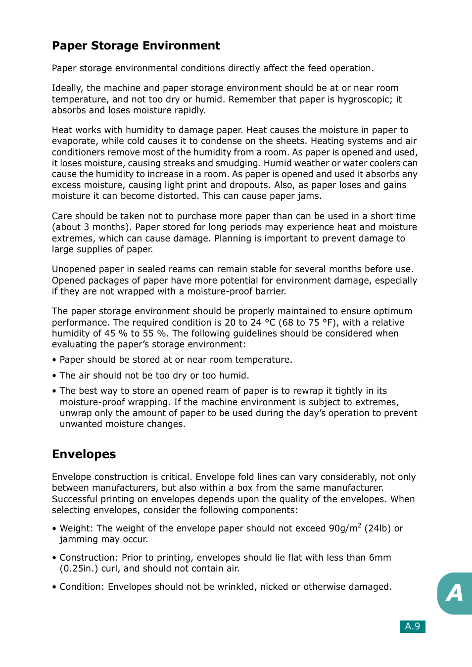 Paper storage environment, Envelopes | Muratec F-114 Series User Manual | Page 206 / 211