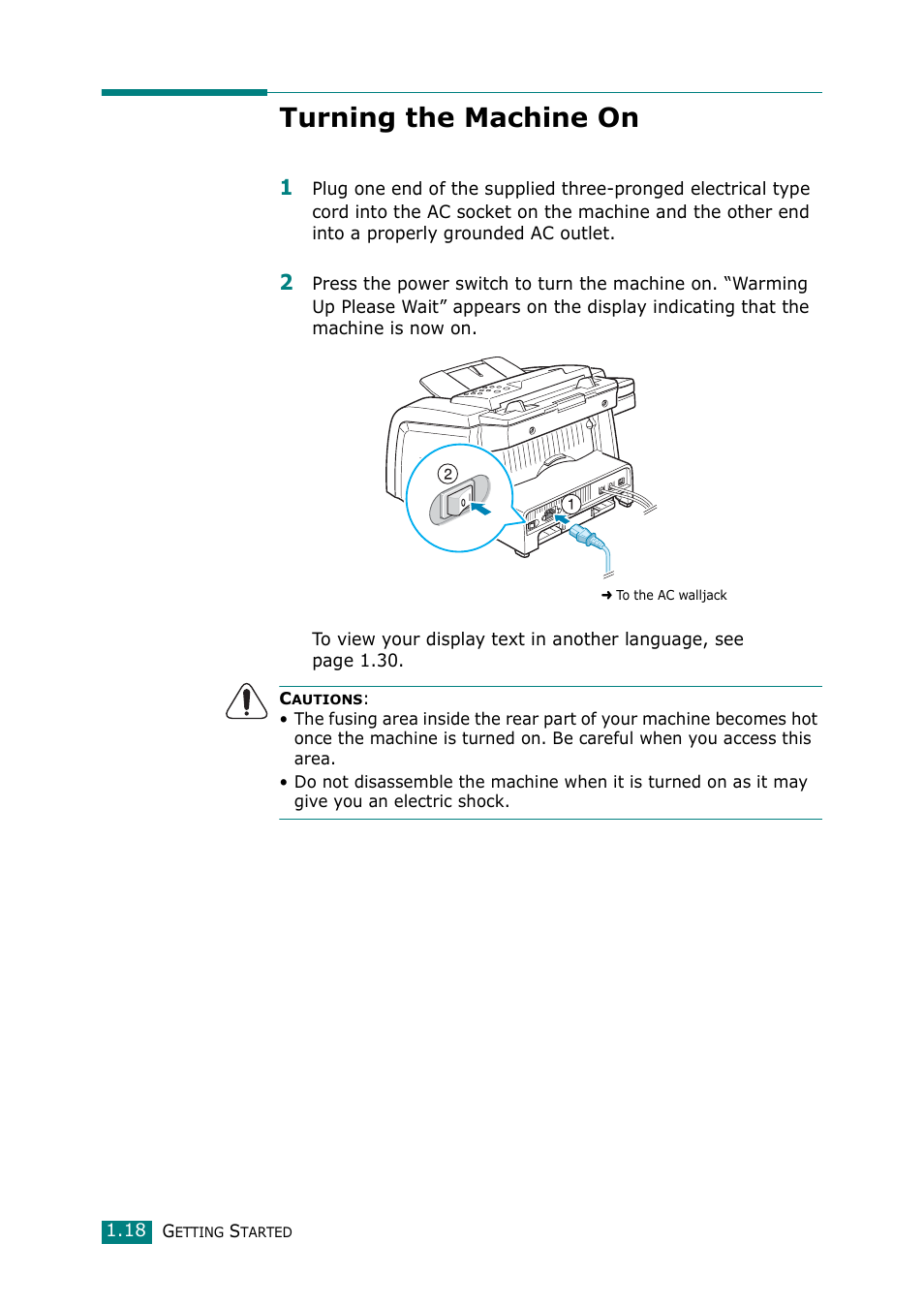 Turning the machine on | Muratec F-114 Series User Manual | Page 31 / 211