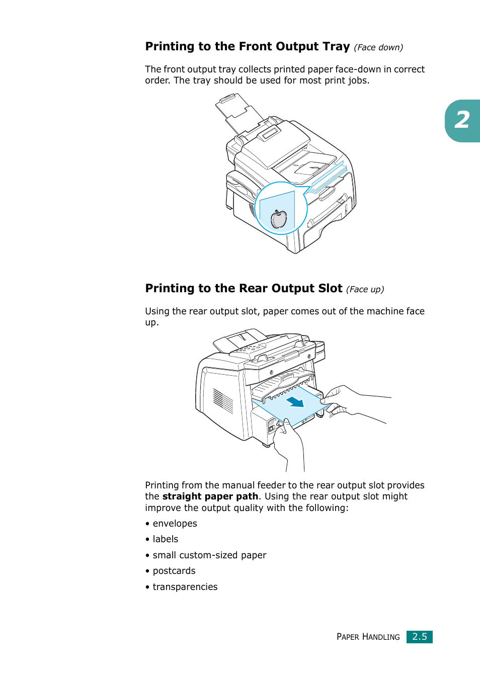 Printing to the front output tray (face down), Printing to the rear output slot (face up), Printing to the front output tray | Printing to the rear output slot | Muratec F-114 Series User Manual | Page 58 / 211