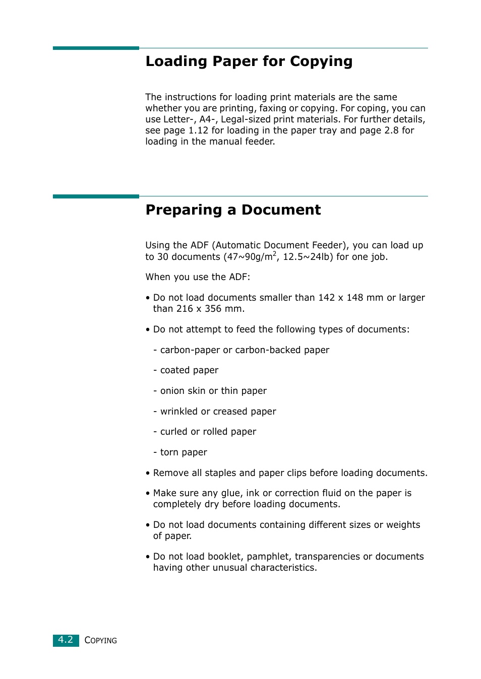 Loading paper for copying, Preparing a document, Loading paper for copying preparing a document | Muratec F-114 Series User Manual | Page 89 / 211