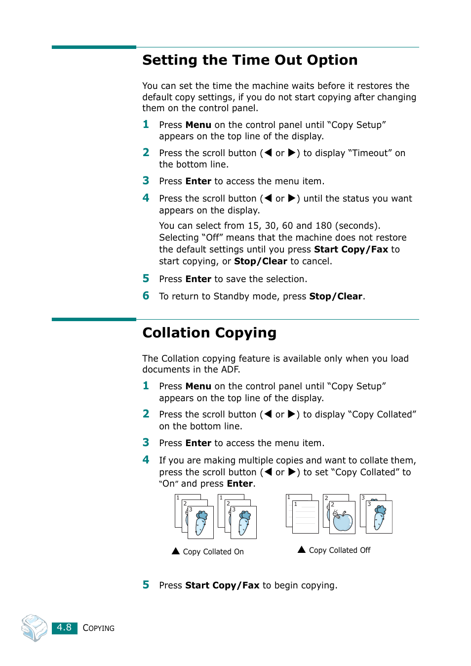 Setting the time out option, Collation copying, Setting the time out option collation copying | Muratec F-114 Series User Manual | Page 95 / 211