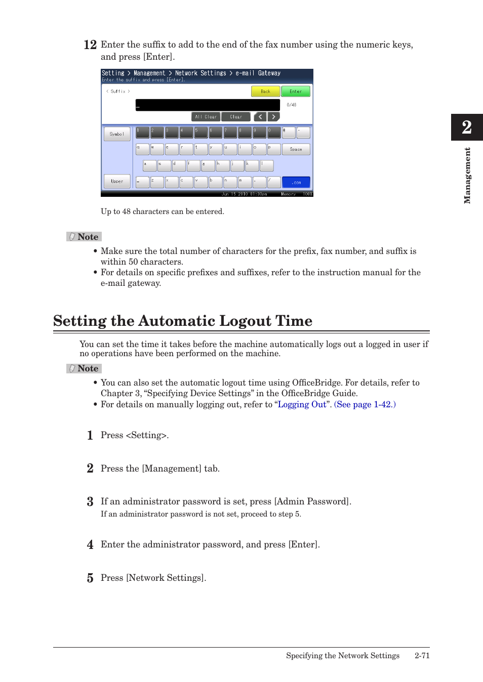 Setting the automatic logout time, Setting the automatic logout time -71 | Muratec QUADACCESS MFX-2590 User Manual | Page 120 / 165