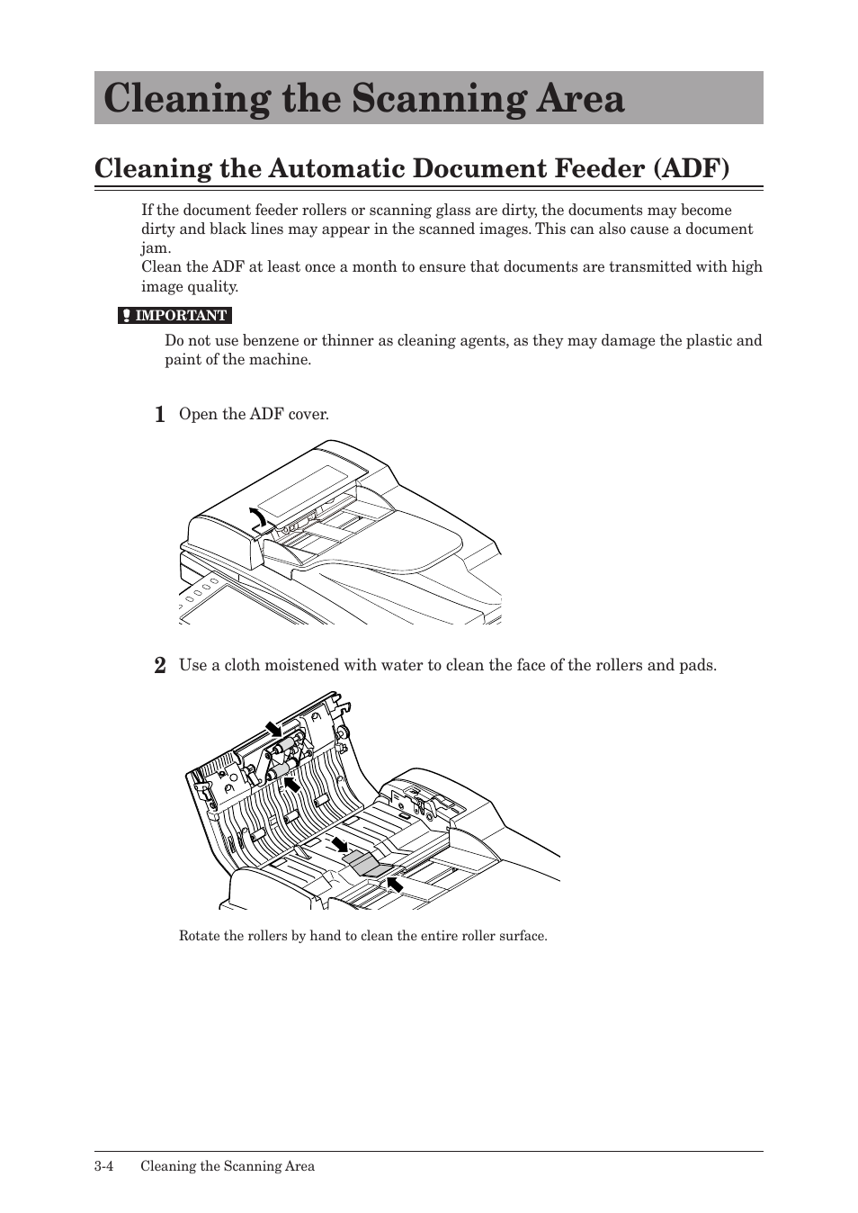 Cleaning the scanning area, Cleaning the automatic document feeder (adf), Cleaning the scanning area -4 | Cleaning the automatic document feeder (adf) -4 | Muratec QUADACCESS MFX-2590 User Manual | Page 135 / 165