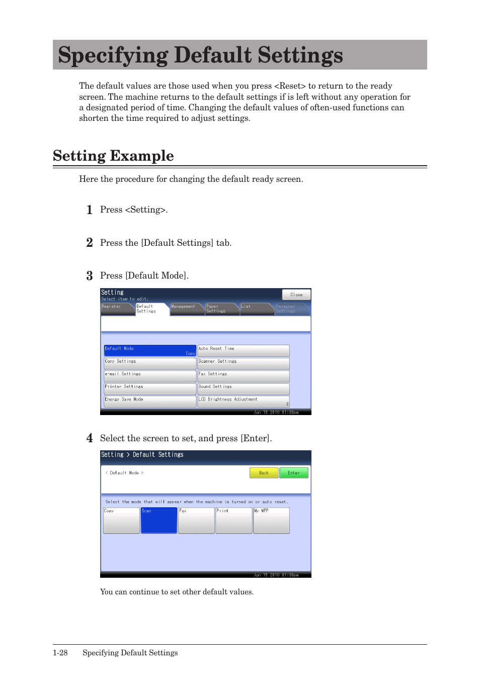 Specifying default settings, Setting example, Specifying default settings -28 | Setting example -28 | Muratec QUADACCESS MFX-2590 User Manual | Page 35 / 165