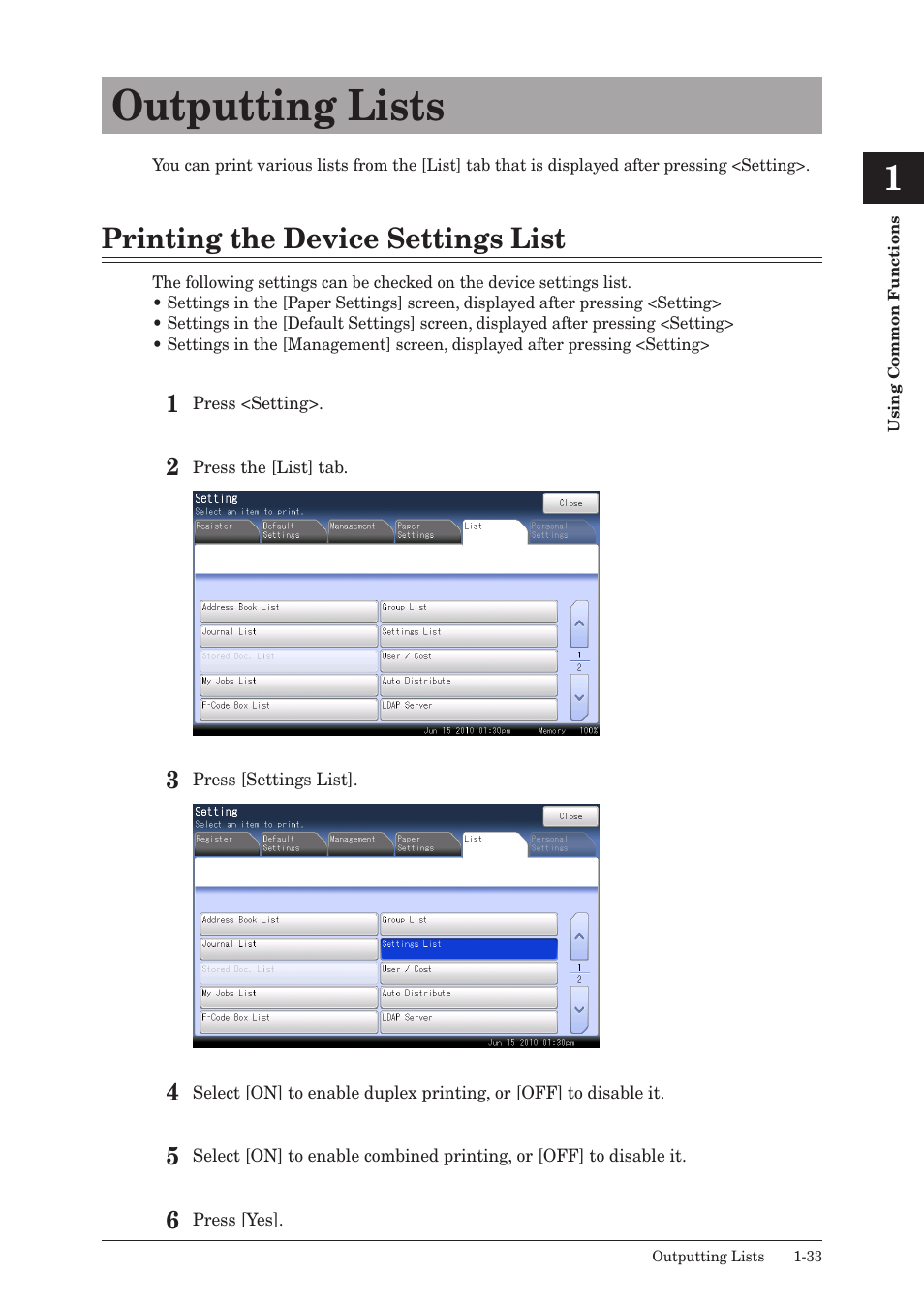 Outputting lists, Printing the device settings list, Outputting lists -33 | Printing the device settings list -33 | Muratec QUADACCESS MFX-2590 User Manual | Page 40 / 165