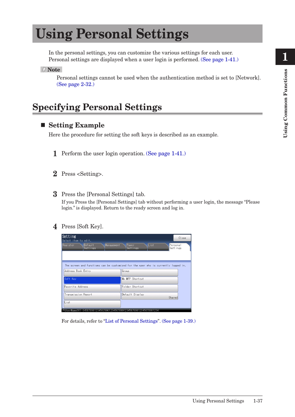 Using personal settings, Specifying personal settings, Using personal settings -37 | Specifying personal settings -37 | Muratec QUADACCESS MFX-2590 User Manual | Page 44 / 165