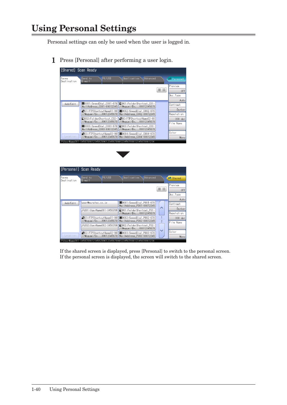 Using personal settings, Using personal settings -40 | Muratec QUADACCESS MFX-2590 User Manual | Page 47 / 165