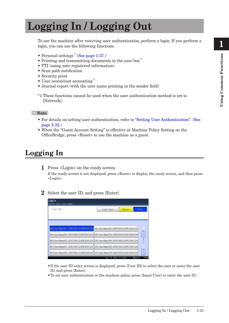 Logging in / logging out, Logging in, Logging in / logging out -41 | Logging in -41 | Muratec QUADACCESS MFX-2590 User Manual | Page 48 / 165