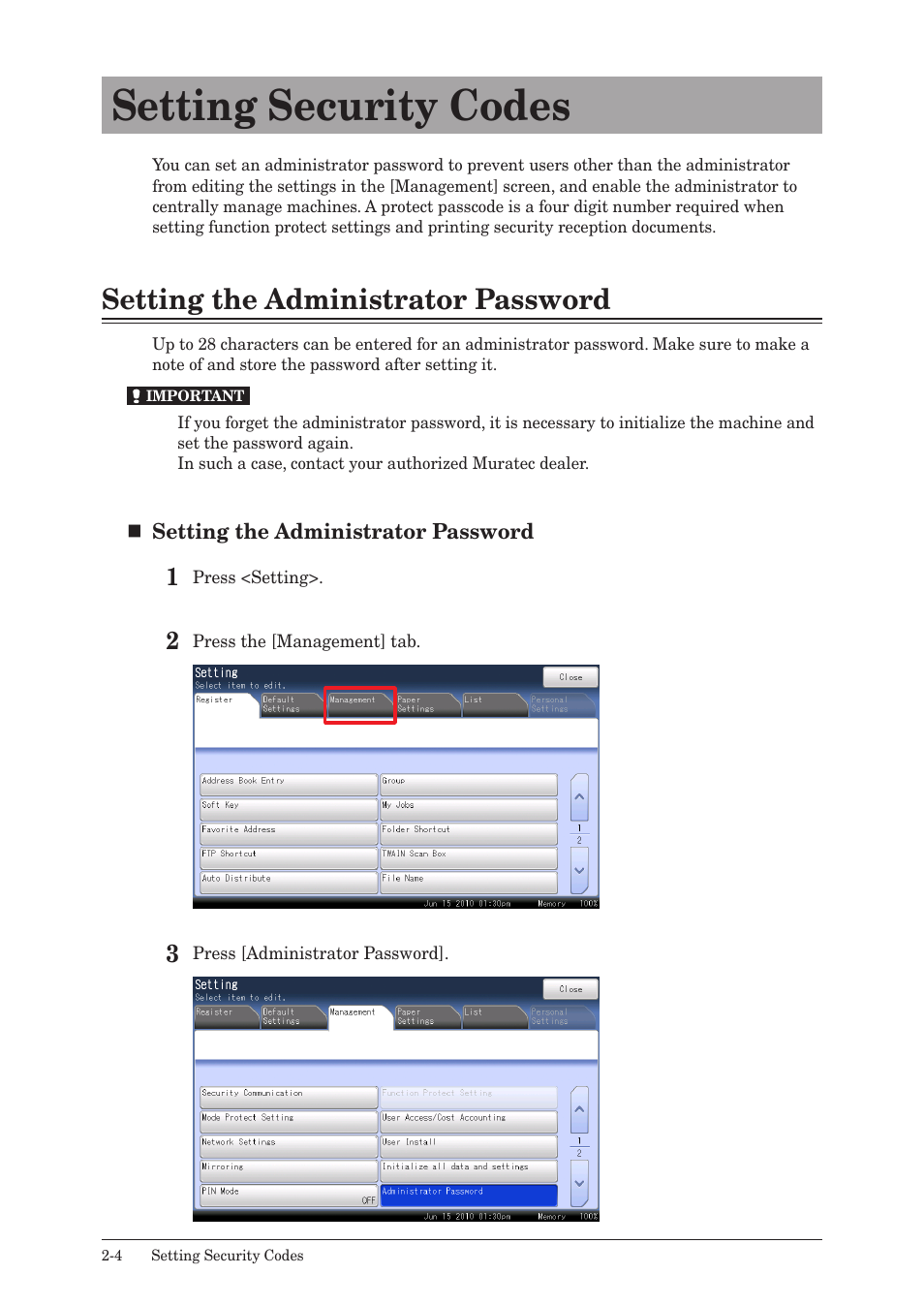 Setting security codes, Setting the administrator password, Setting security codes -4 | Setting the administrator password -4 | Muratec QUADACCESS MFX-2590 User Manual | Page 53 / 165