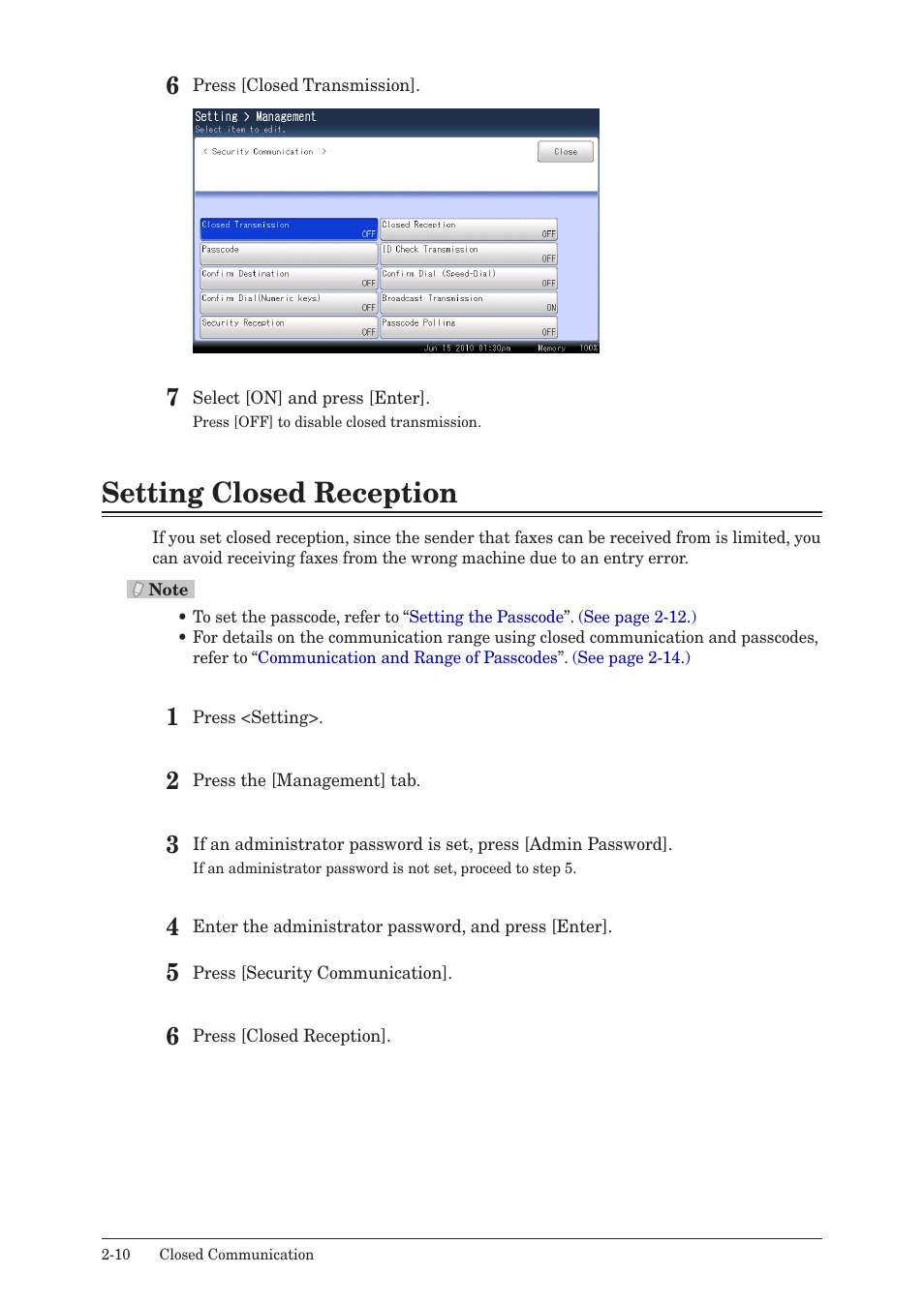 Setting closed reception, Setting closed reception -10 | Muratec QUADACCESS MFX-2590 User Manual | Page 59 / 165