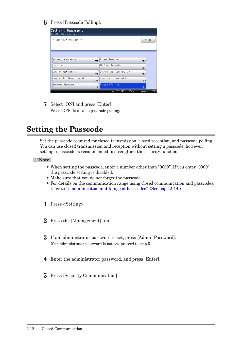 Setting the passcode, Setting the passcode -12 | Muratec QUADACCESS MFX-2590 User Manual | Page 61 / 165