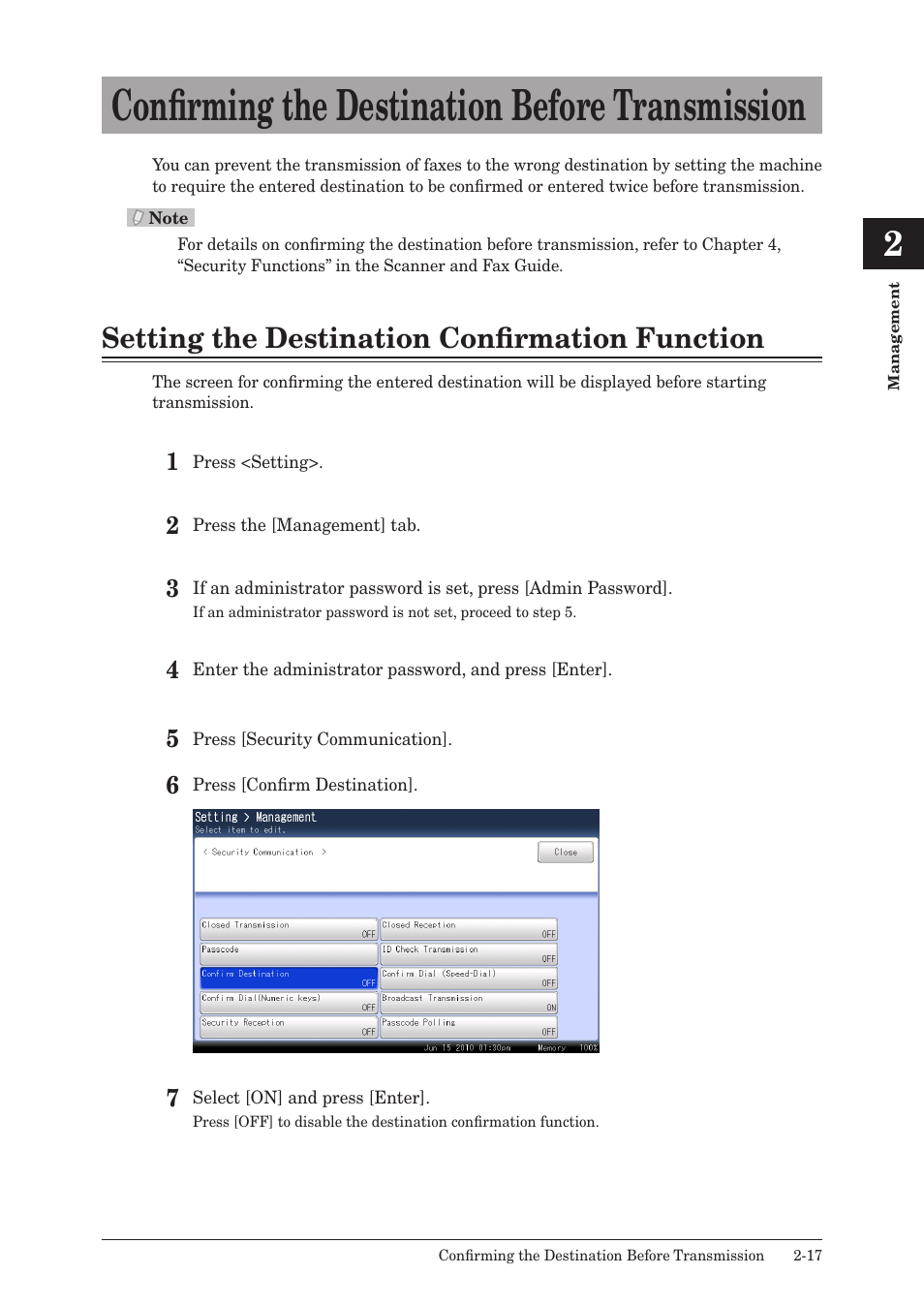 Confirming the destination before transmission, Setting the destination confirmation function, Confirming the destination before transmission -17 | Setting the destination confirmation function -17 | Muratec QUADACCESS MFX-2590 User Manual | Page 66 / 165