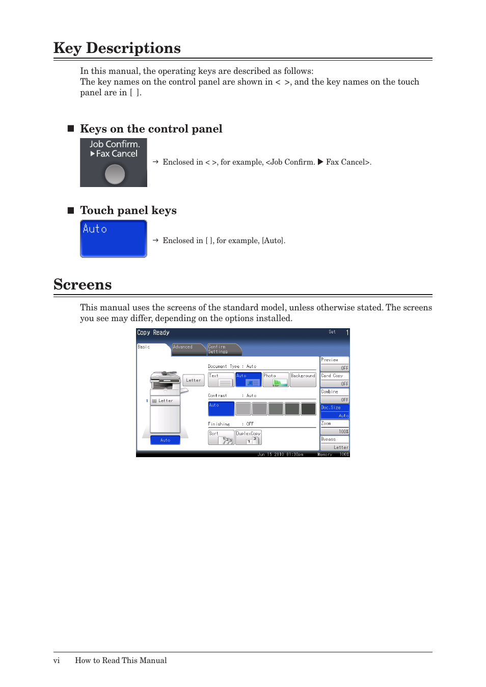 Key descriptions, Screens | Muratec QUADACCESS MFX-2590 User Manual | Page 7 / 165