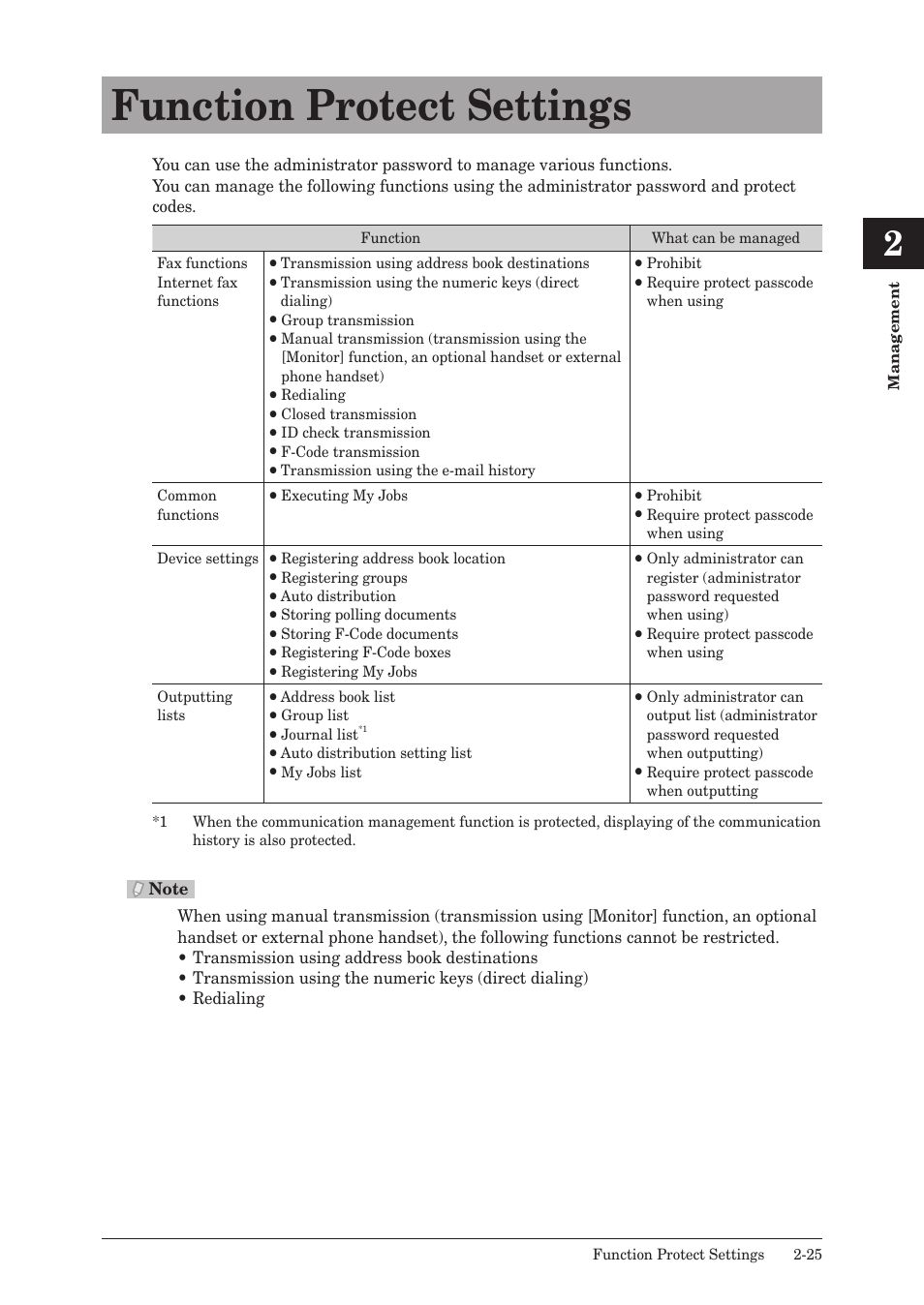 Function protect settings, Function protect settings -25 | Muratec QUADACCESS MFX-2590 User Manual | Page 74 / 165