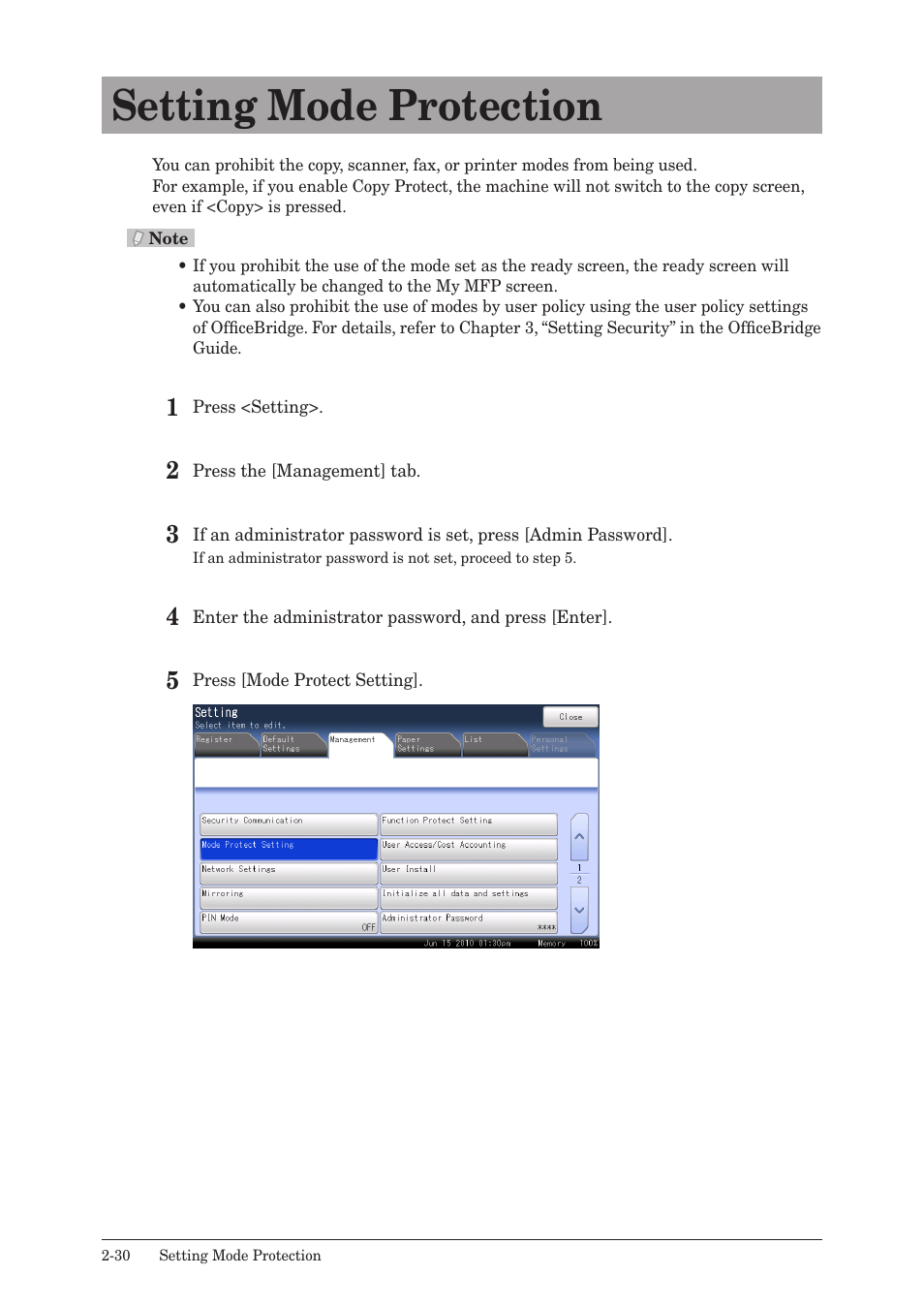 Setting mode protection, Setting mode protection -30 | Muratec QUADACCESS MFX-2590 User Manual | Page 79 / 165