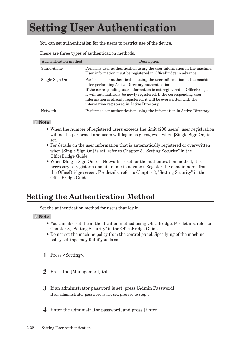 Setting user authentication, Setting the authentication method, Setting user authentication -32 | Setting the authentication method -32 | Muratec QUADACCESS MFX-2590 User Manual | Page 81 / 165