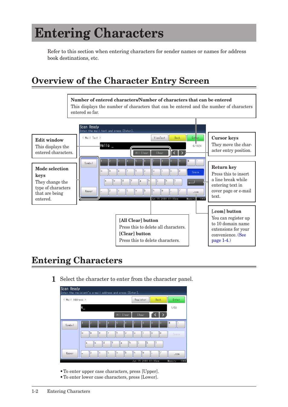 Entering characters, Overview of the character entry screen, Entering characters -2 | Muratec QUADACCESS MFX-2590 User Manual | Page 9 / 165