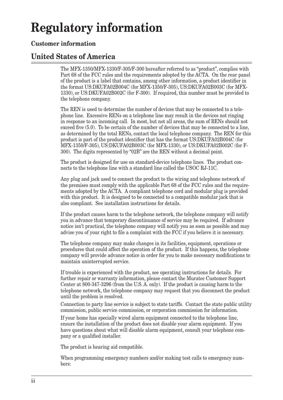 Regulatory information, United states of america | Muratec MFX-1350 User Manual | Page 10 / 197
