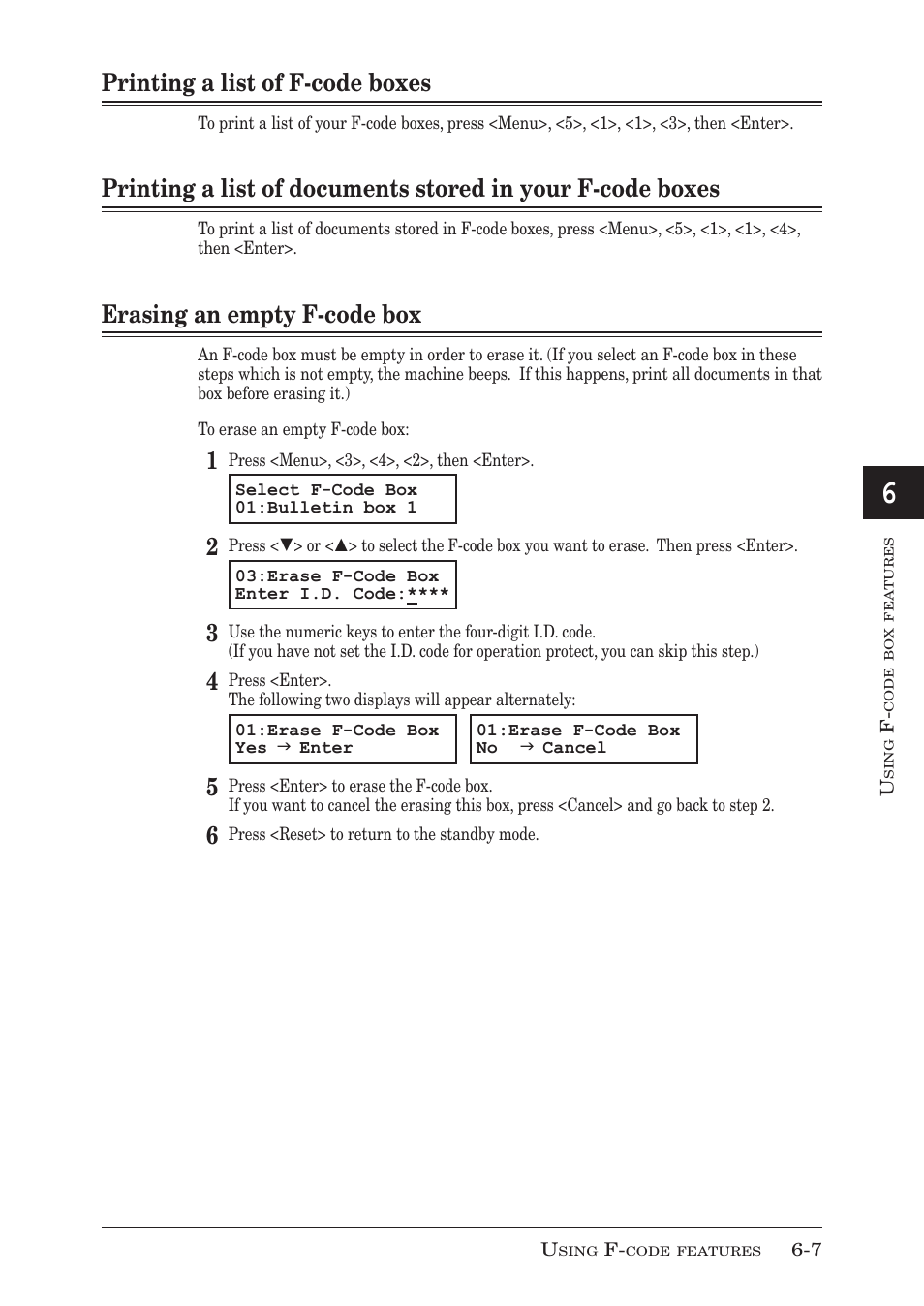 Printing a list of f-code boxes, Erasing an empty f-code box, Printing a list of f-code boxes -7 | Erasing an empty f-code box -7 | Muratec MFX-1350 User Manual | Page 110 / 197