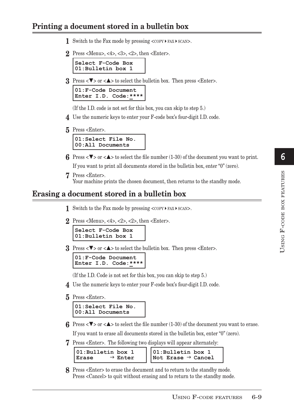 Printing a document stored in a bulletin box, Erasing a document stored in a bulletin box, Printing a document stored in a bulletin box -9 | Erasing a document stored in a bulletin box -9, Printing a document stored in a bulletin box 1, Erasing a document stored in a bulletin box 1 | Muratec MFX-1350 User Manual | Page 112 / 197