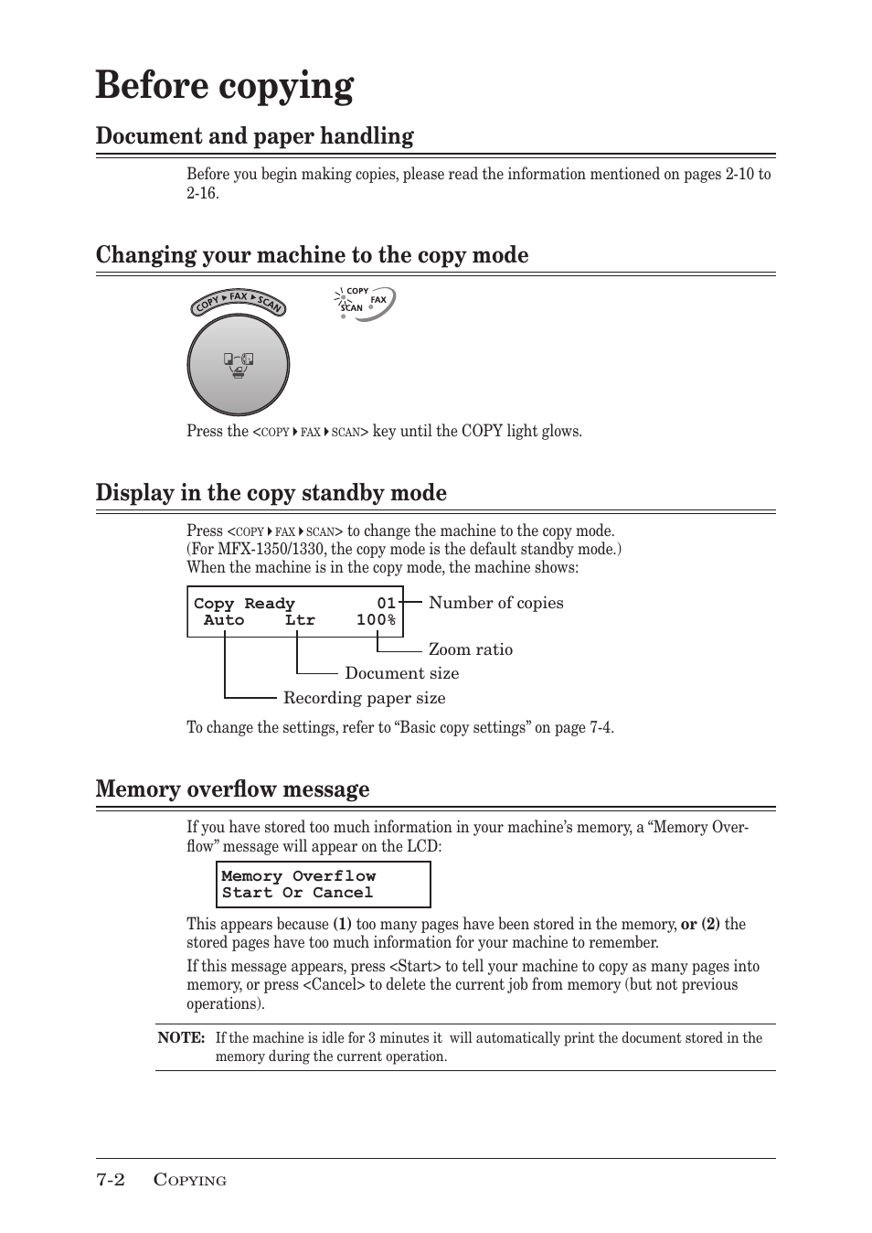 Before copying, Document and paper handling, Changing your machine to the copy mode | Display in the copy standby mode, Memory overflow message, Before copying -2, Document and paper handling -2, Changing your machine to the copy mode -2, Display in the copy standby mode -2, Memory overflow message -2 | Muratec MFX-1350 User Manual | Page 117 / 197