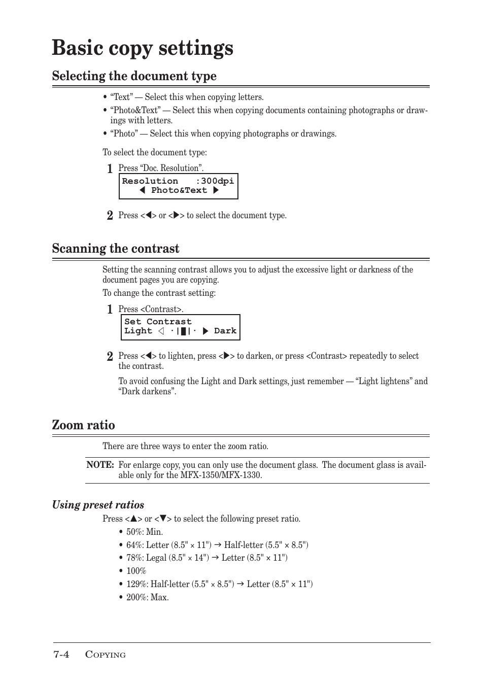 Basic copy settings, Selecting the document type, Scanning the contrast | Zoom ratio, Basic copy settings -4, Selecting the document type -4, Scanning the contrast -4, Zoom ratio -4 | Muratec MFX-1350 User Manual | Page 119 / 197