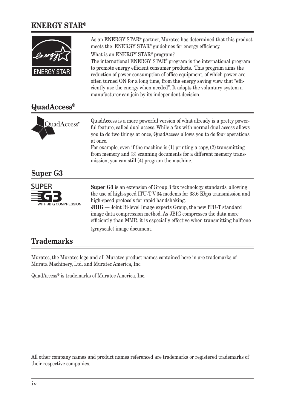 Energy star, Quadaccess, Super g3 | Trademarks | Muratec MFX-1350 User Manual | Page 12 / 197