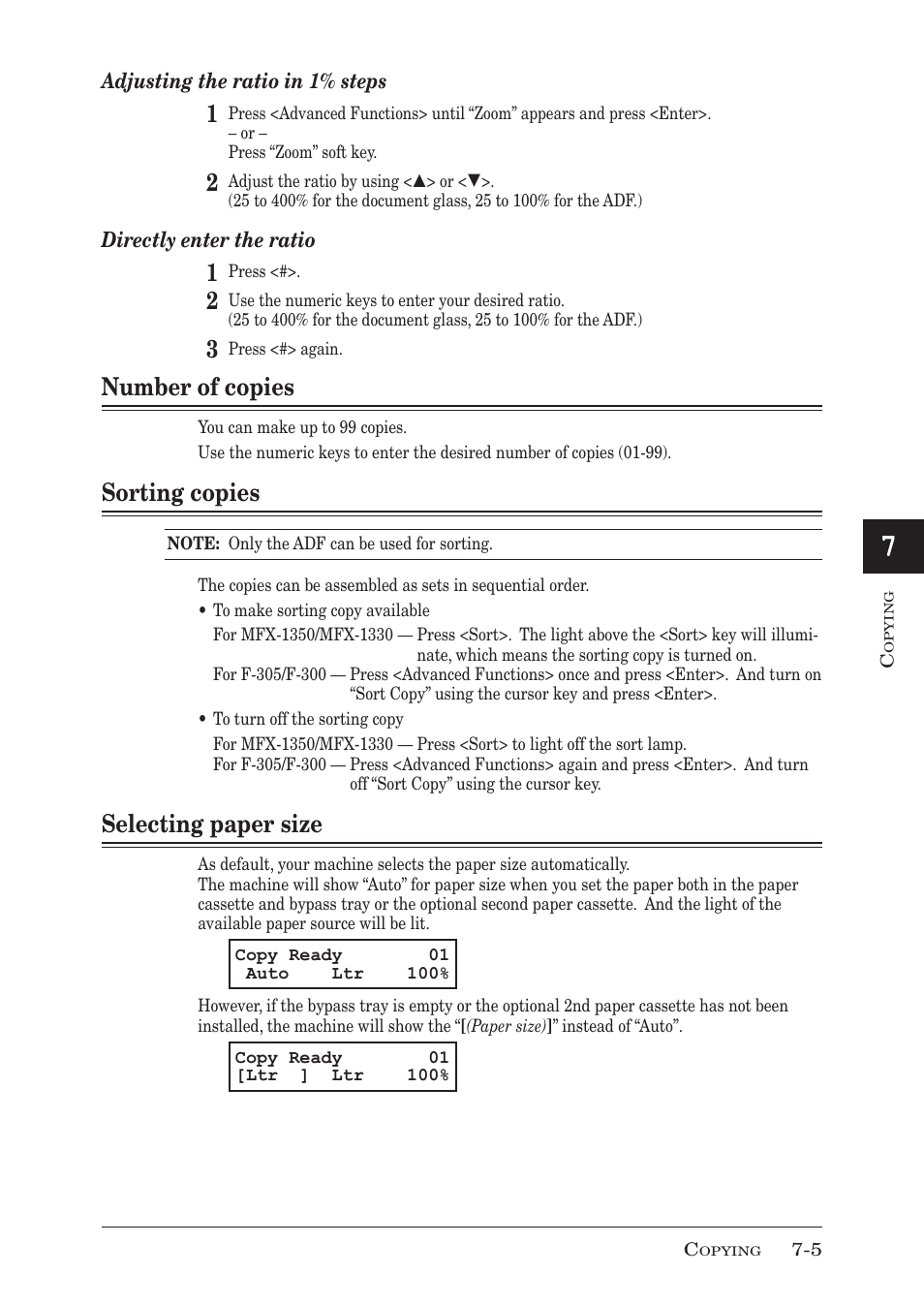 Number of copies, Sorting copies, Selecting paper size | Number of copies -5, Sorting copies -5, Selecting paper size -5 | Muratec MFX-1350 User Manual | Page 120 / 197