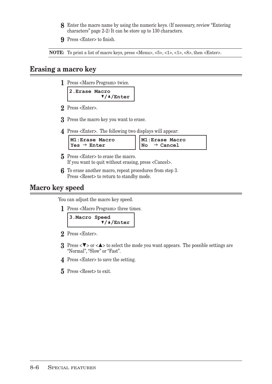 Erasing a macro key, Macro key speed, Erasing a macro key -6 | Macro key speed -6, Erasing a macro key -6 macro key speed -6, Erasing a macro key 1 | Muratec MFX-1350 User Manual | Page 133 / 197