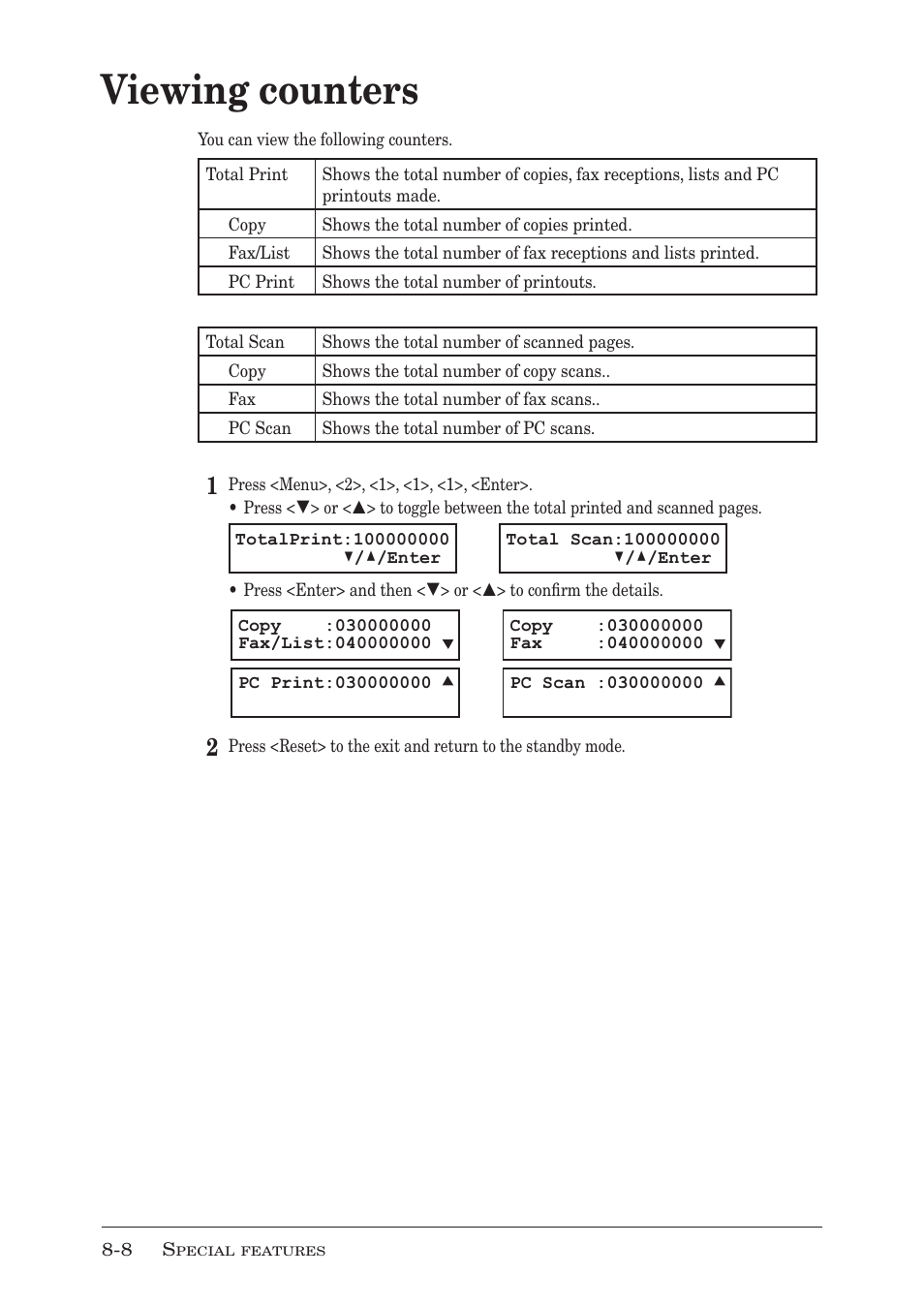 Viewing counters, Viewing counters -8, P. 8-8 | Muratec MFX-1350 User Manual | Page 135 / 197
