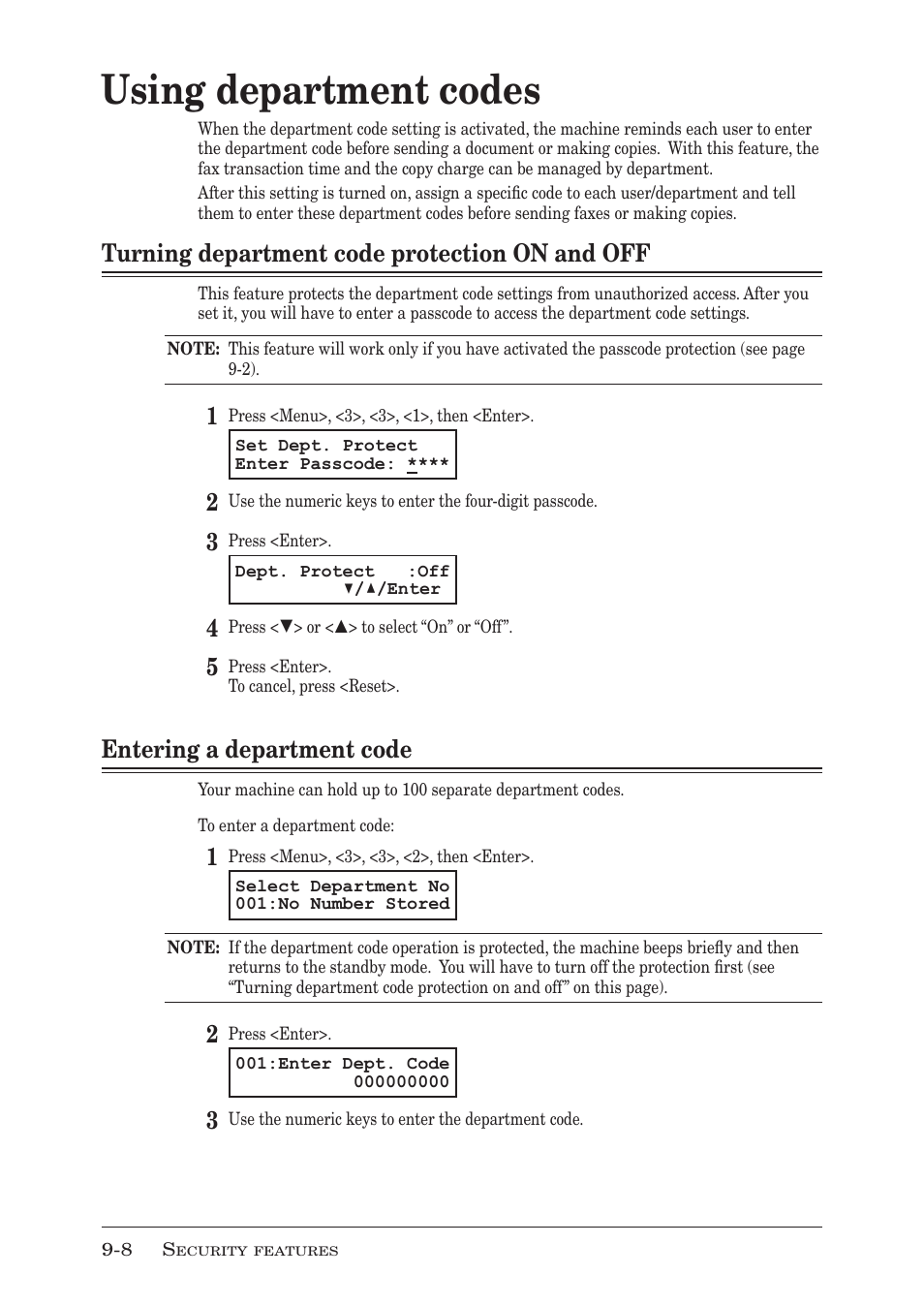 Using department codes, Turning department code protection on and off, Entering a department code | Using department codes -8, Turning department code protection on and off -8, Entering a department code -8 | Muratec MFX-1350 User Manual | Page 143 / 197