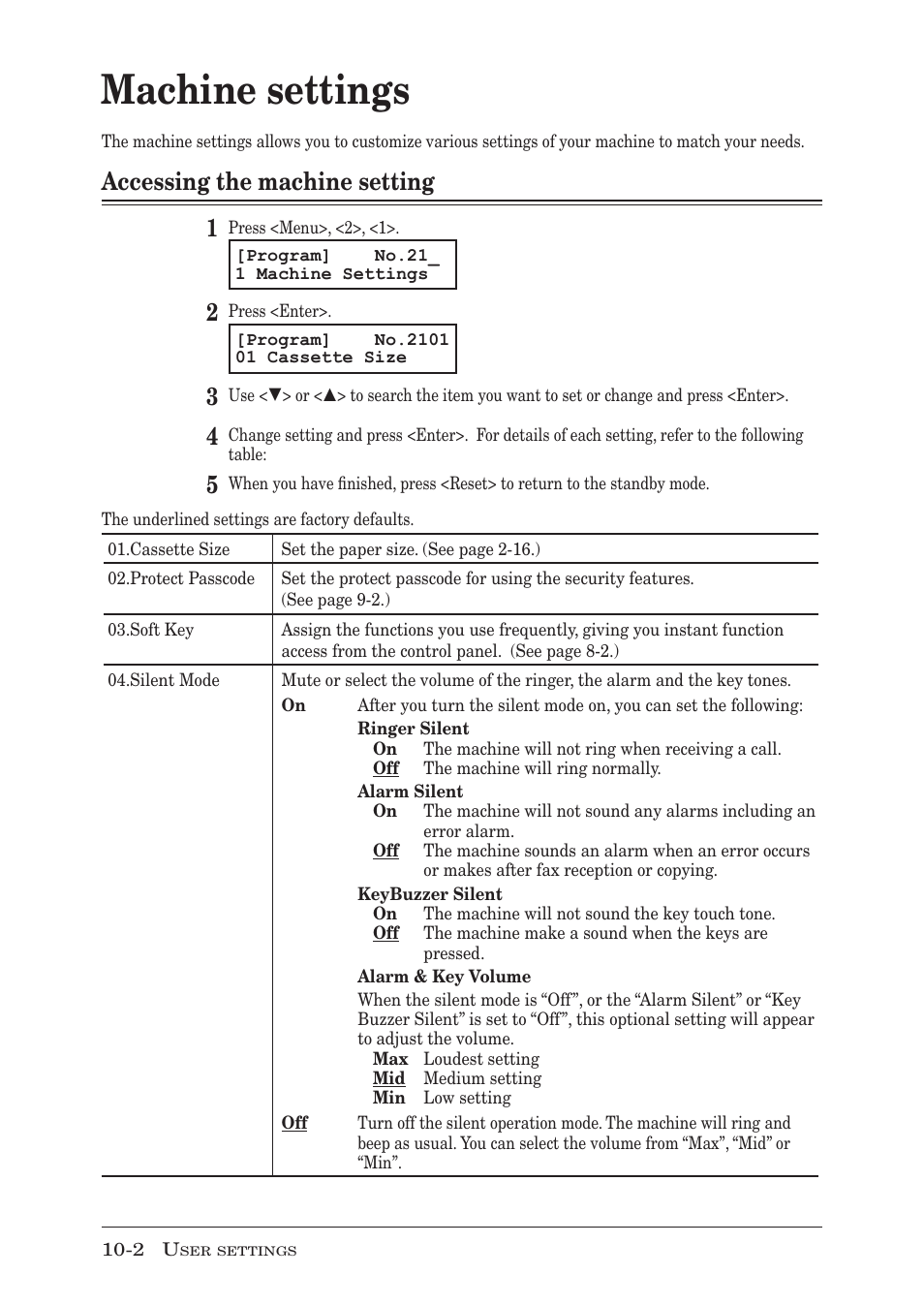 Machine settings, Accessing the machine setting, Machine settings -2 | Accessing the machine setting -2, Accessing the machine setting 1 | Muratec MFX-1350 User Manual | Page 151 / 197