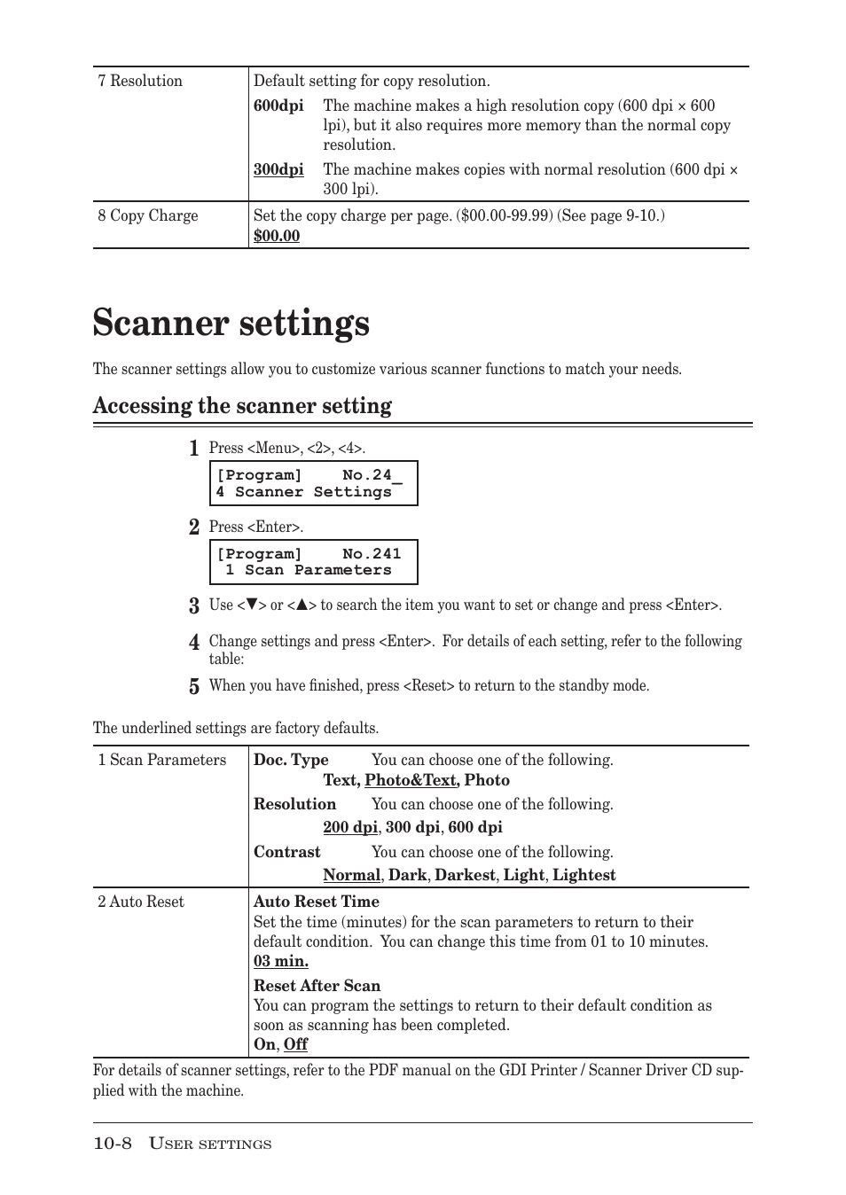 Scanner settings, Accessing the scanner setting, Scanner settings -8 | Accessing the scanner setting -8, Accessing the scanner setting 1 | Muratec MFX-1350 User Manual | Page 157 / 197