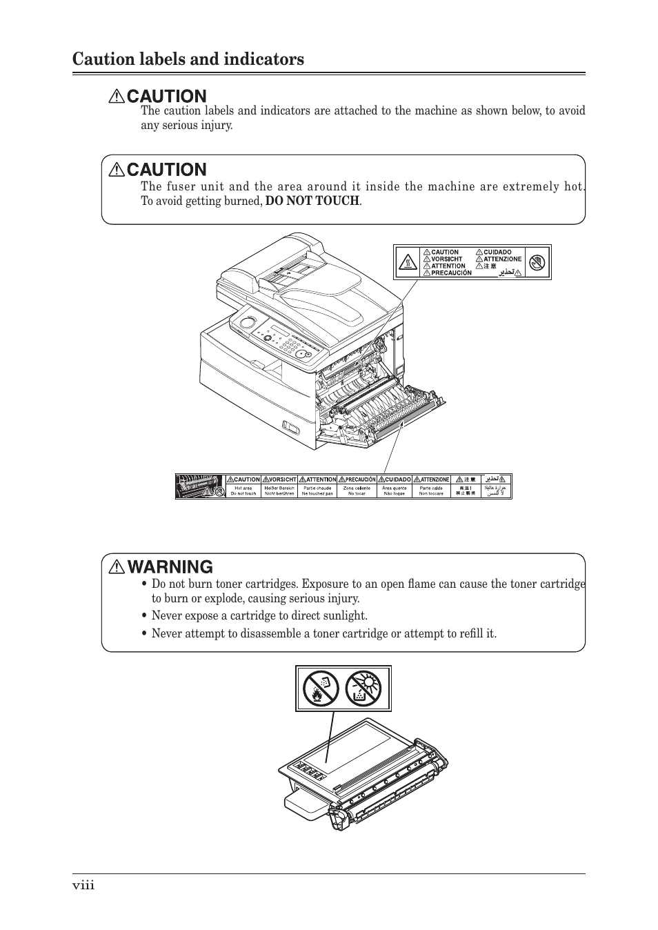 Caution labels and indicators | Muratec MFX-1350 User Manual | Page 16 / 197