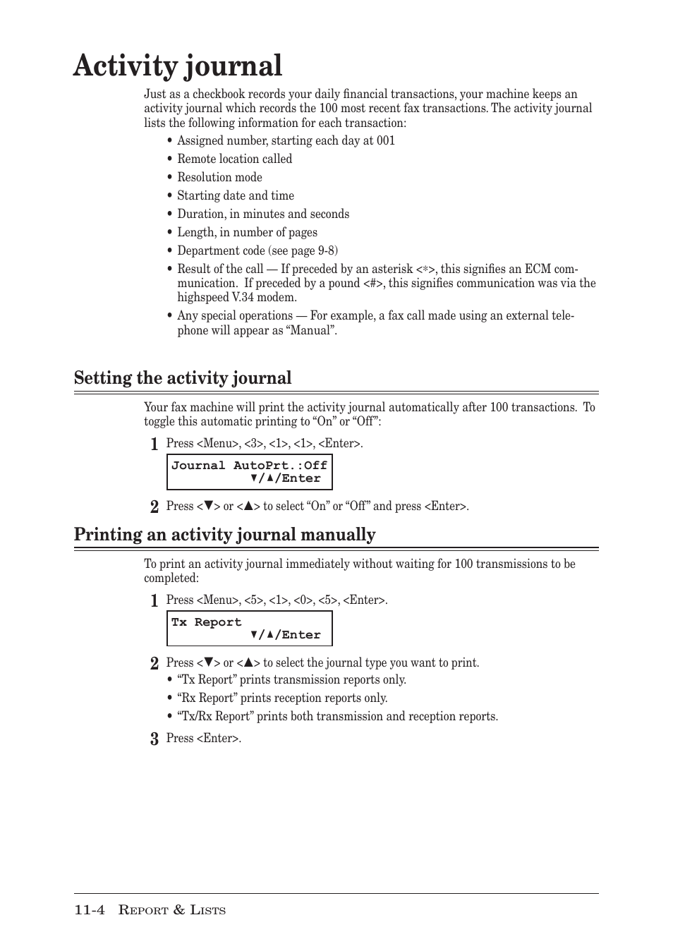 Activity journal, Setting the activity journal, Printing an activity journal manually | Activity journal -4, Setting the activity journal -4, Printing an activity journal manually -4 | Muratec MFX-1350 User Manual | Page 161 / 197