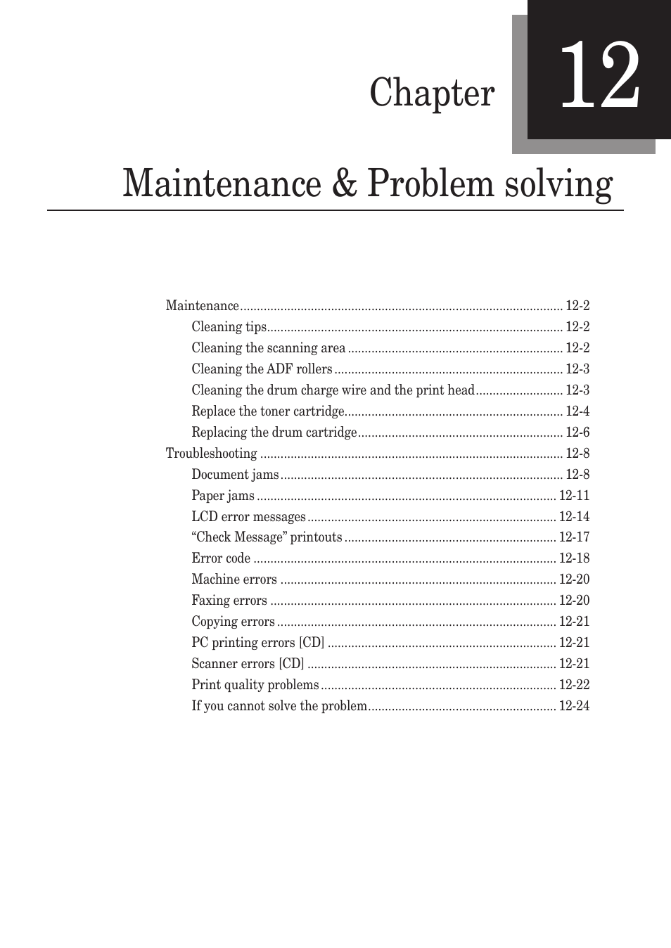 Chapter 12 maintenance & problem solving, Chapter 12, Maintenance & problem solving -1 | Chapter maintenance & problem solving | Muratec MFX-1350 User Manual | Page 164 / 197