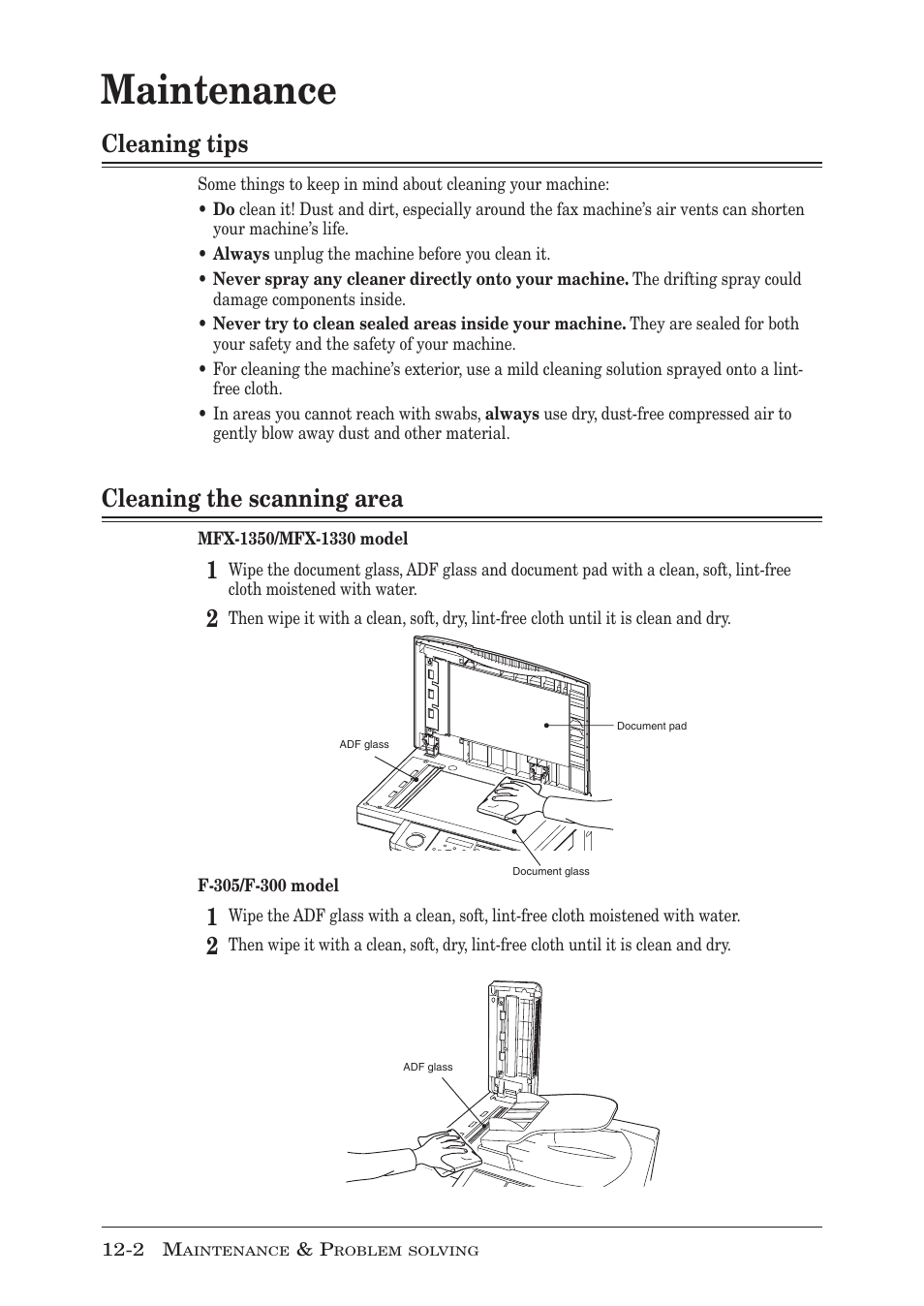 Maintenance, Cleaning tips, Cleaning the scanning area | Maintenance -2, Cleaning tips -2, Cleaning the scanning area -2, Cleaning tips -2 cleaning the scanning area -2 | Muratec MFX-1350 User Manual | Page 165 / 197
