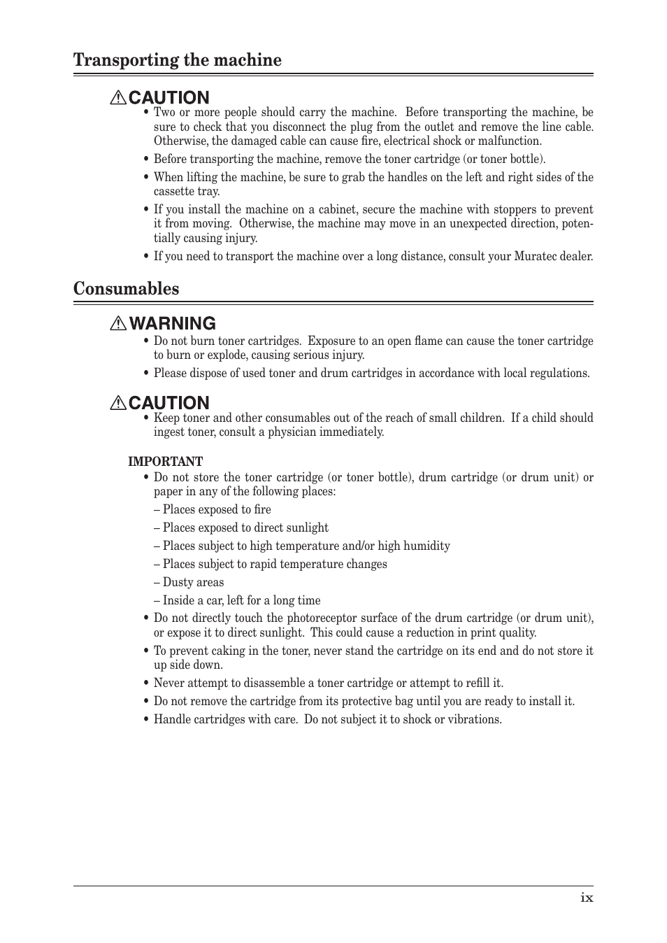 Transporting the machine, Consumables | Muratec MFX-1350 User Manual | Page 17 / 197