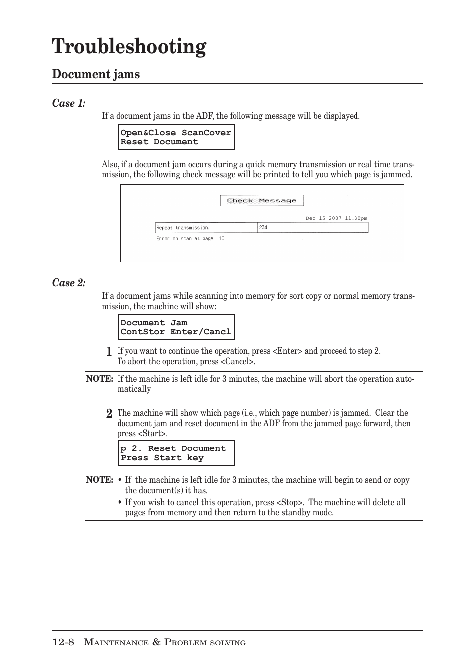 Troubleshooting, Document jams, Troubleshooting -8 | Document jams -8 | Muratec MFX-1350 User Manual | Page 171 / 197