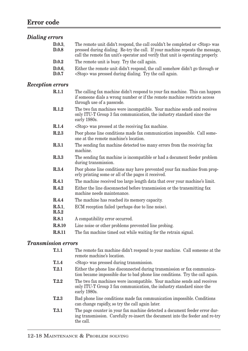 Error code, Error code -18, Dialing errors | Reception errors, Transmission errors | Muratec MFX-1350 User Manual | Page 181 / 197