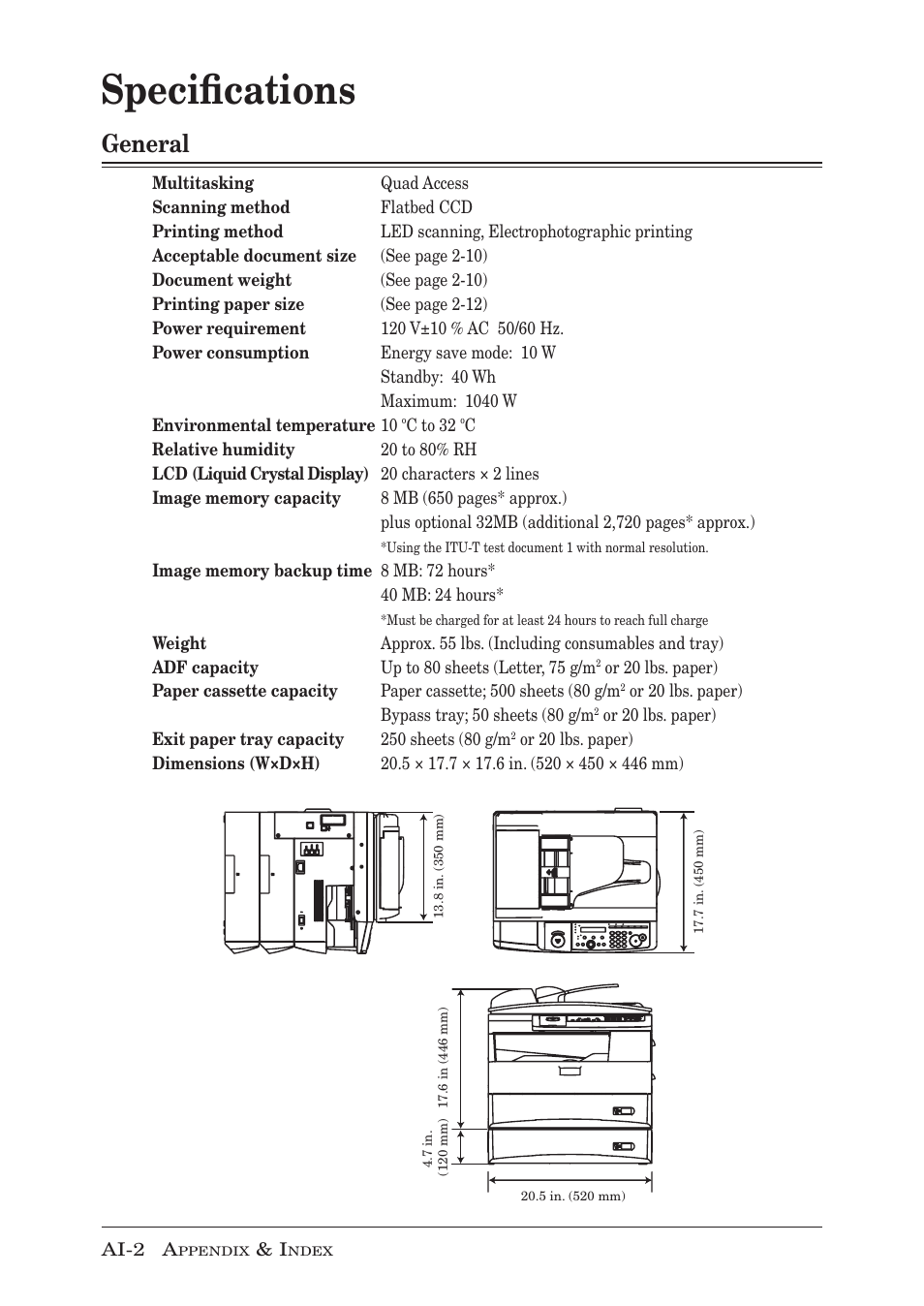 Specifications, General | Muratec MFX-1350 User Manual | Page 189 / 197